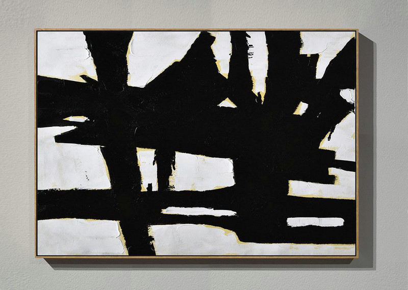 Large Abstract Art Handmade Acrylic Painting,Horizontal Palette Knife Minimal Canvas Art Painting Black White Beige - Hand Painted Acrylic Painting